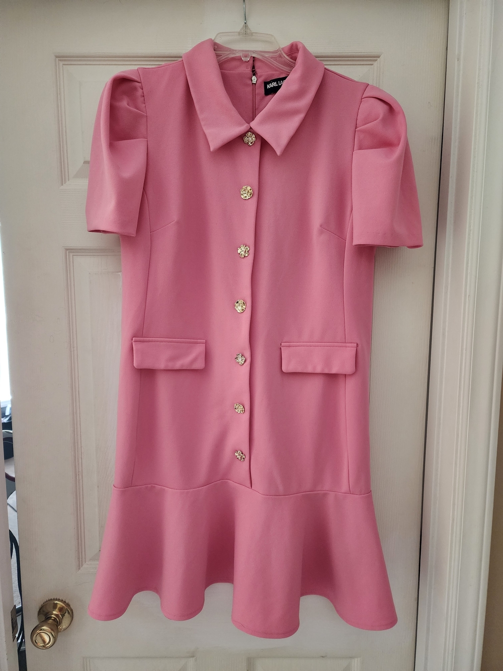 KARL LAGERFELD Pink Puff-Sleeve Button Mini Dress